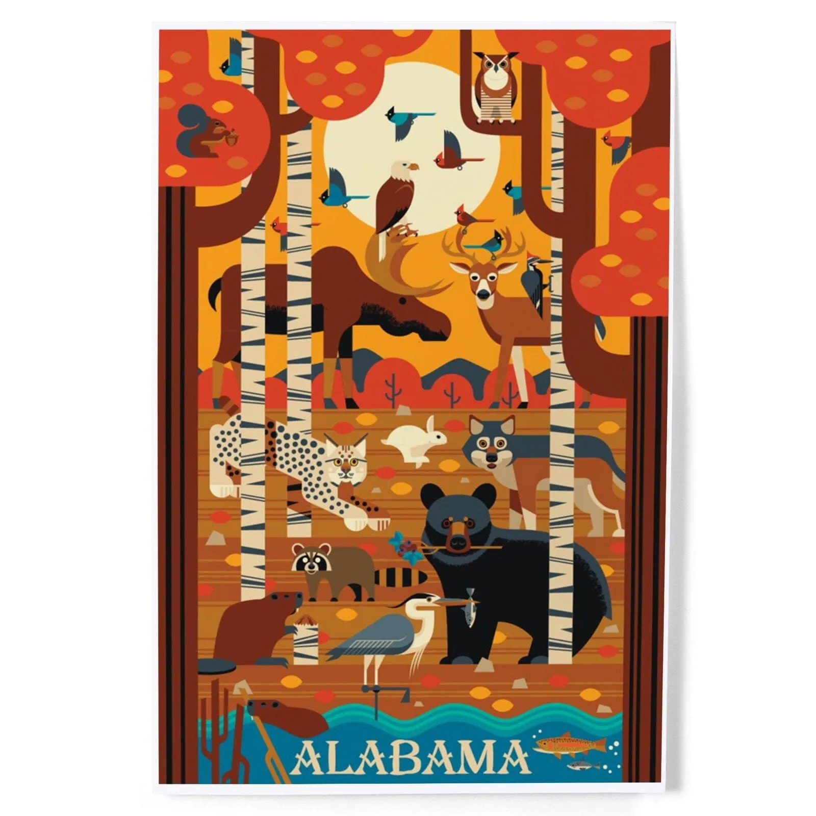 Alabama, Woodland Forest Animals, Fall, Geometric, Art & Giclee Prints