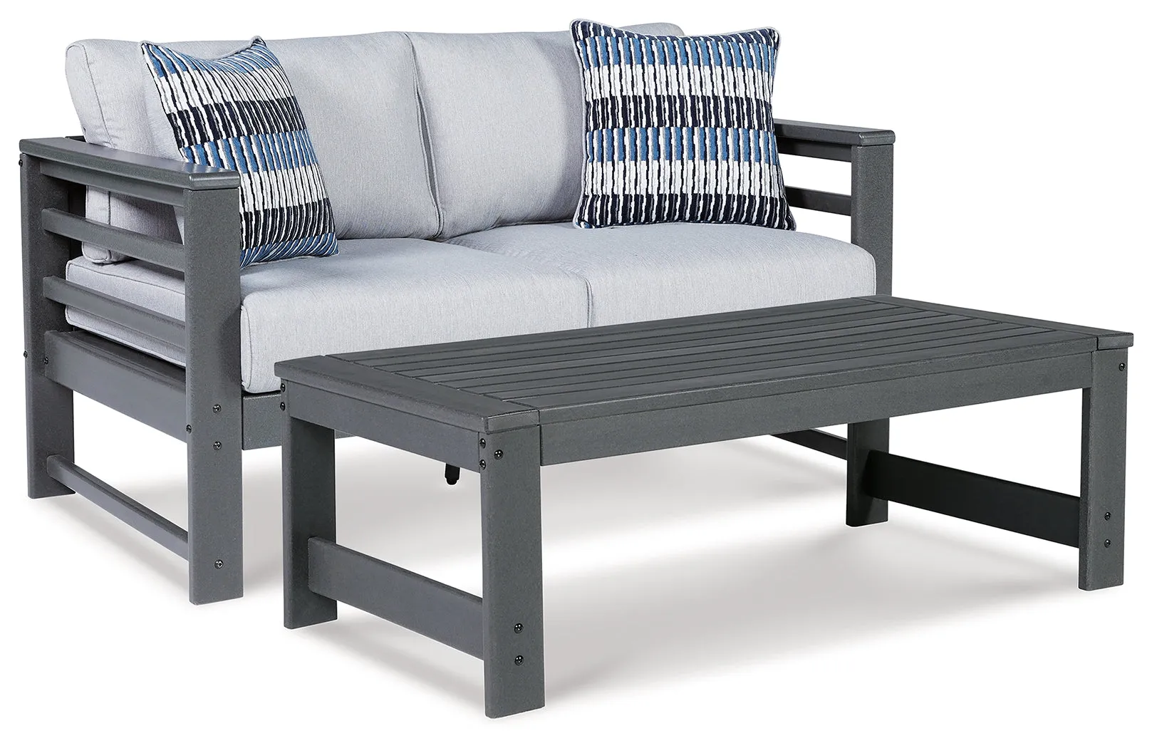 Amora Outdoor Loveseat with Coffee Table in Charcoal Gray