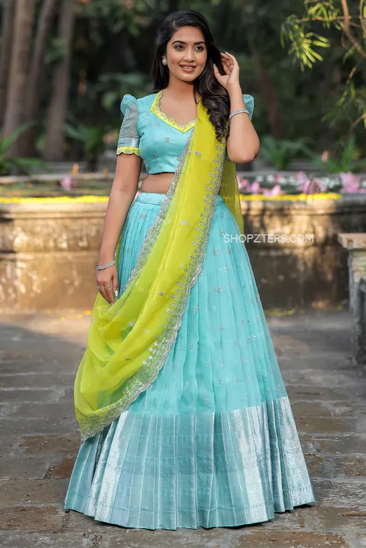 Aqua Blue Organza Half Saree