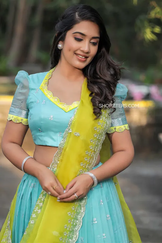 Aqua Blue Organza Half Saree