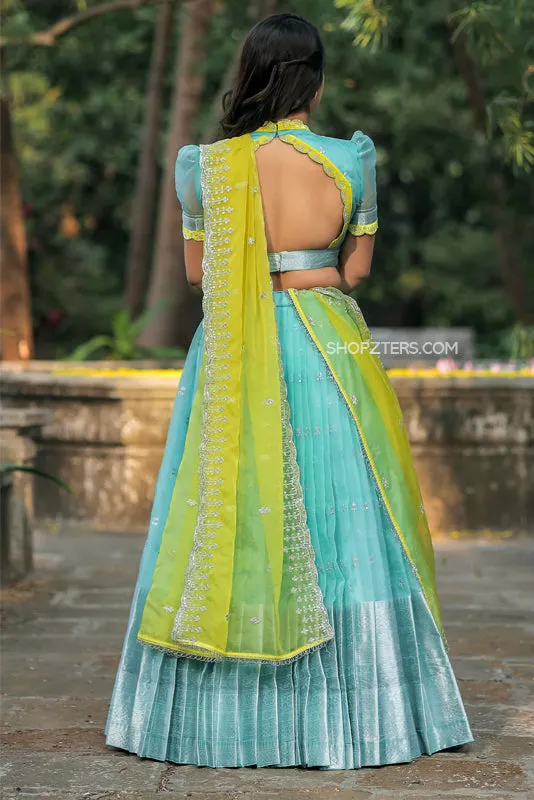 Aqua Blue Organza Half Saree