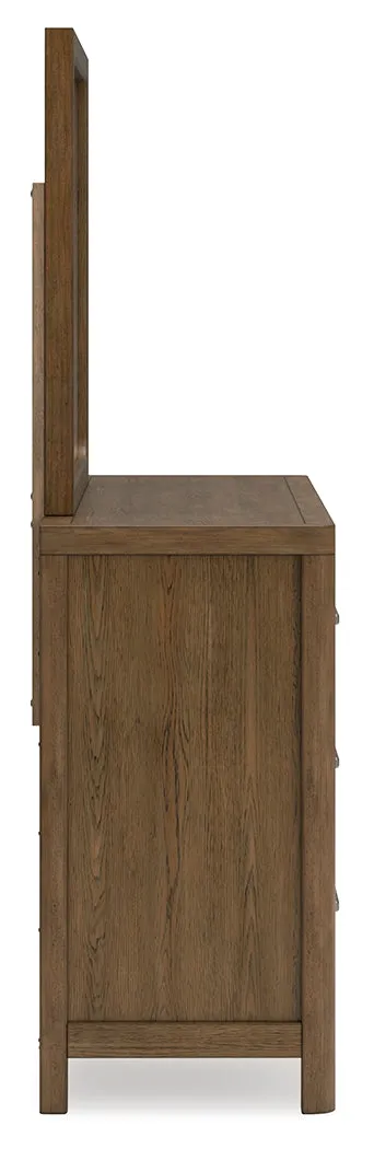Cabalynn California King Upholstered Bed with Mirrored Dresser and Chest in Light Brown