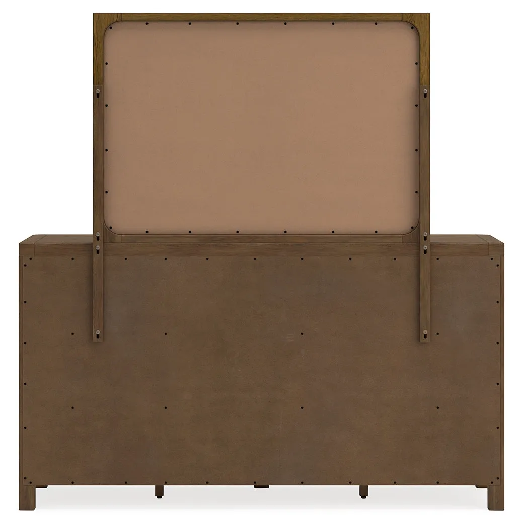 Cabalynn California King Upholstered Bed with Mirrored Dresser and Chest in Light Brown
