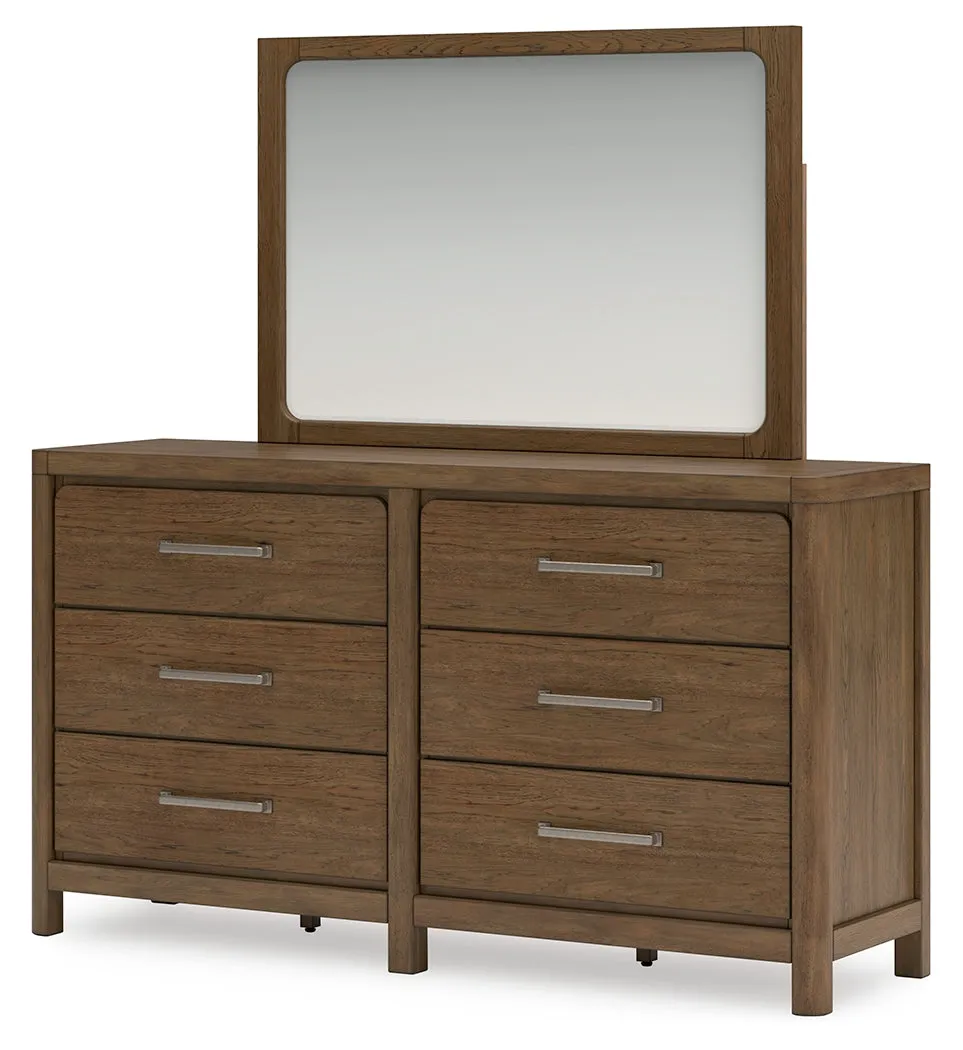 Cabalynn California King Upholstered Bed with Mirrored Dresser and Chest in Light Brown