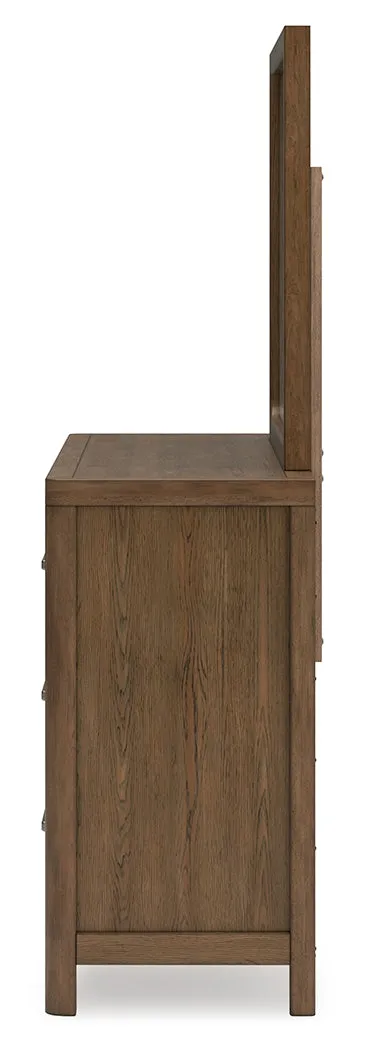 Cabalynn California King Upholstered Bed with Mirrored Dresser and Chest in Light Brown