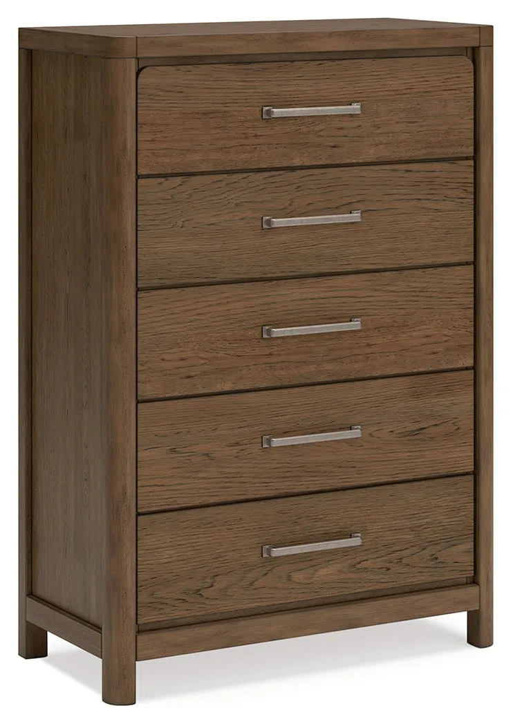 Cabalynn California King Upholstered Bed with Mirrored Dresser and Chest in Light Brown