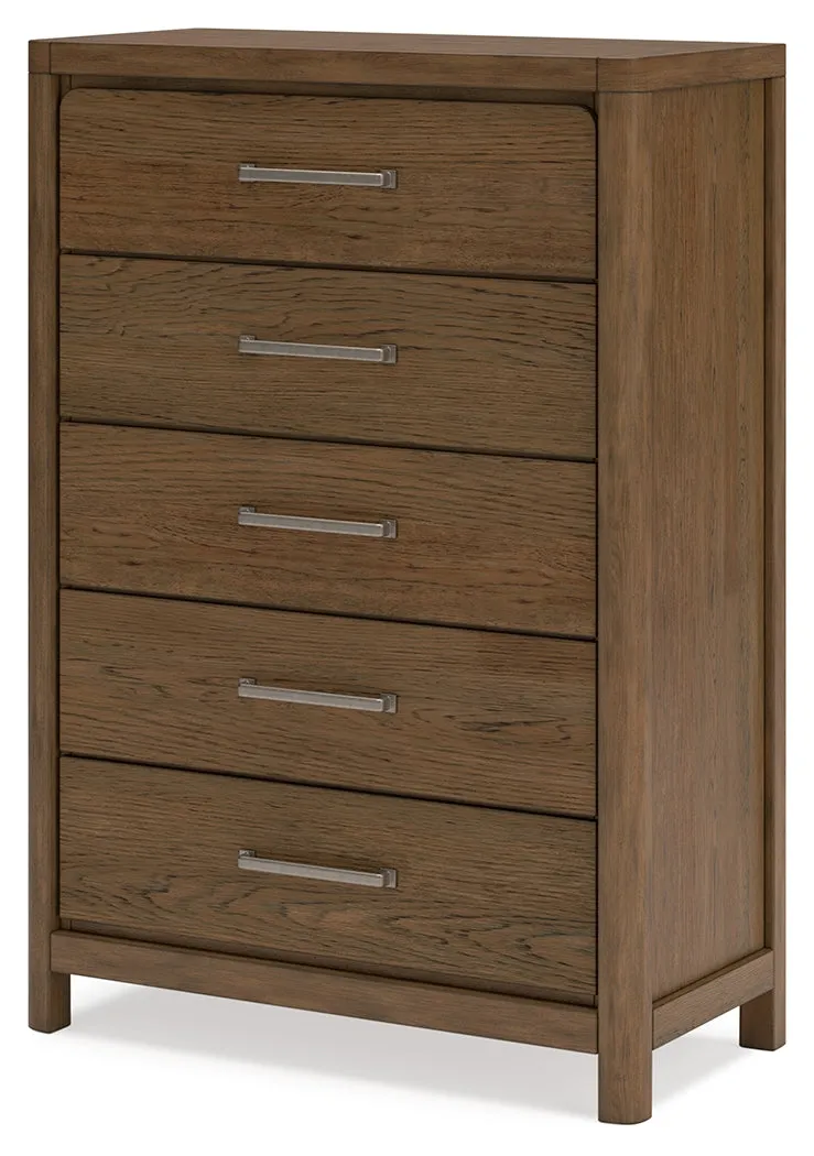 Cabalynn California King Upholstered Bed with Mirrored Dresser and Chest in Light Brown