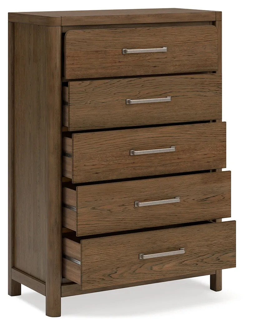 Cabalynn California King Upholstered Bed with Mirrored Dresser and Chest in Light Brown