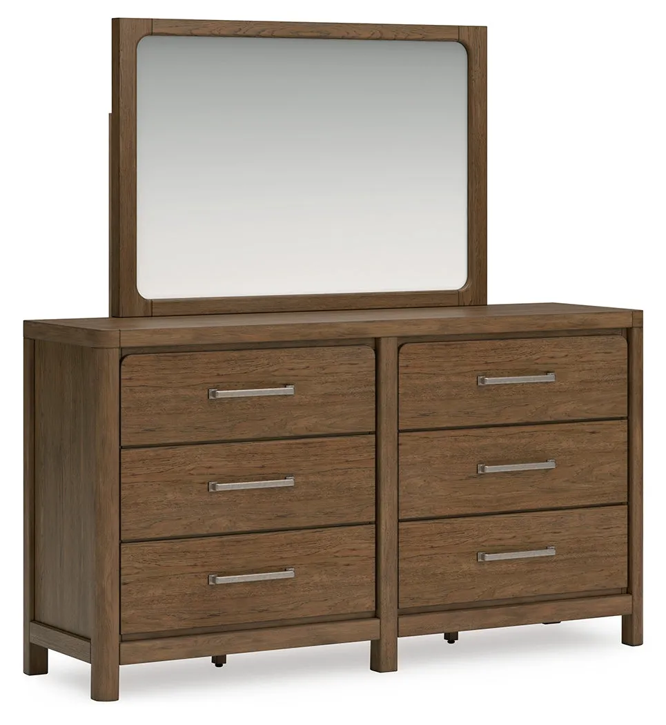 Cabalynn California King Upholstered Bed with Mirrored Dresser and Chest in Light Brown
