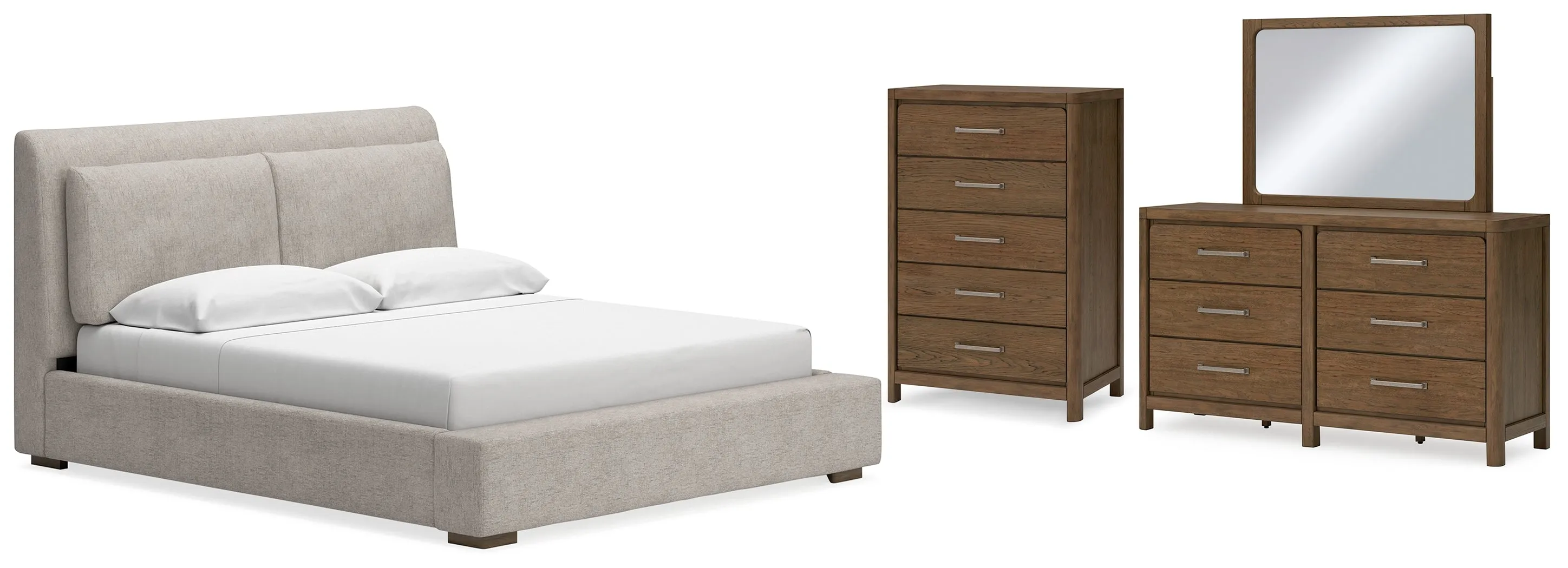 Cabalynn California King Upholstered Bed with Mirrored Dresser and Chest in Light Brown