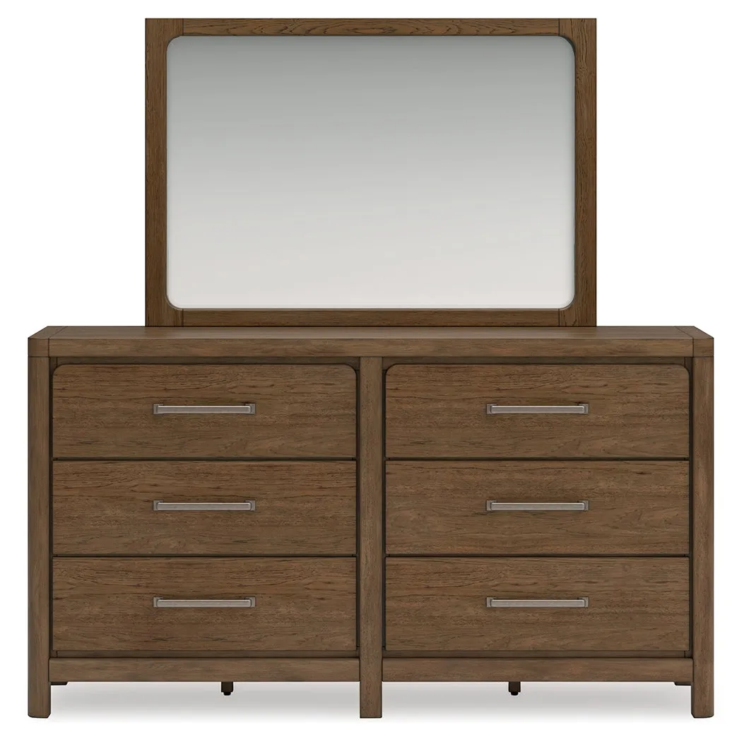 Cabalynn California King Upholstered Bed with Mirrored Dresser and Chest in Light Brown