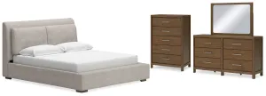Cabalynn California King Upholstered Bed with Mirrored Dresser and Chest in Light Brown