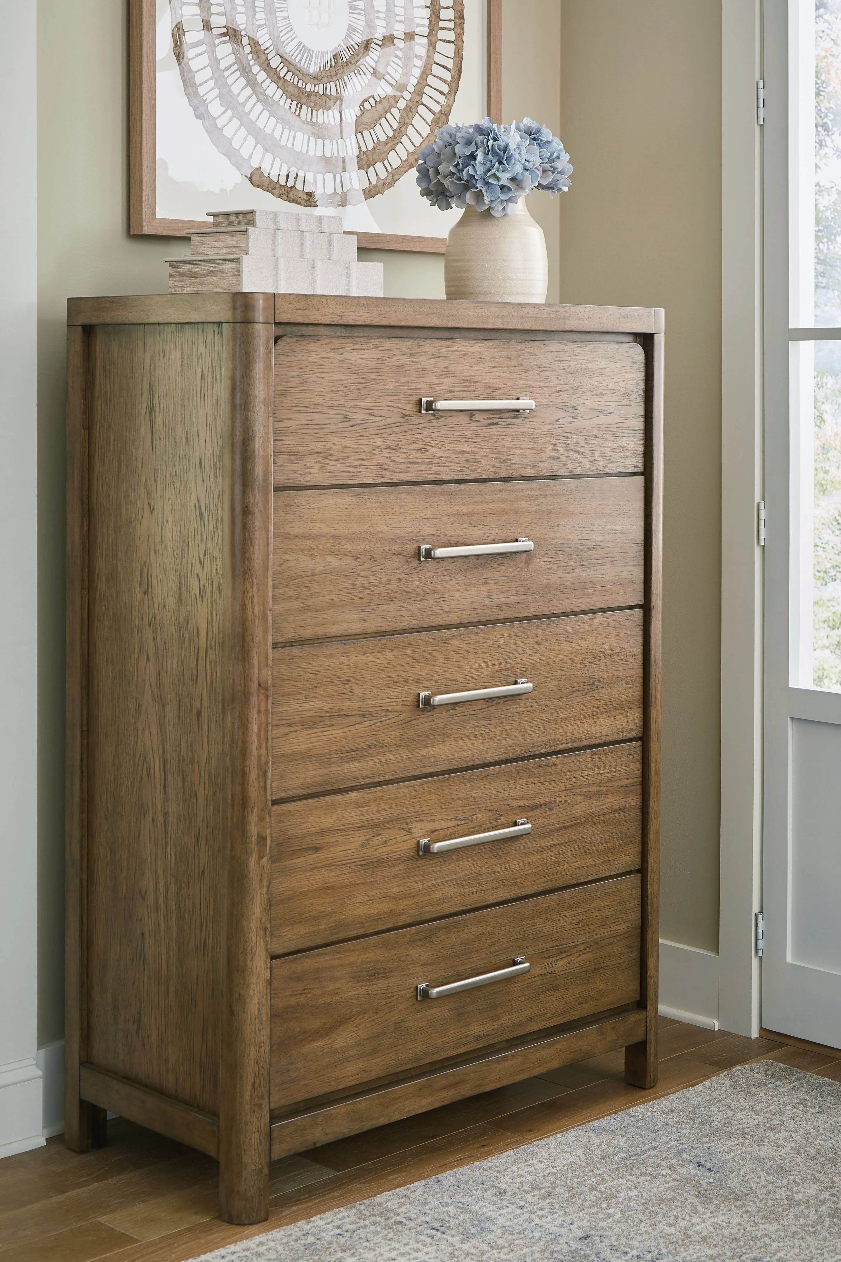 Cabalynn California King Upholstered Bed with Mirrored Dresser and Chest in Light Brown