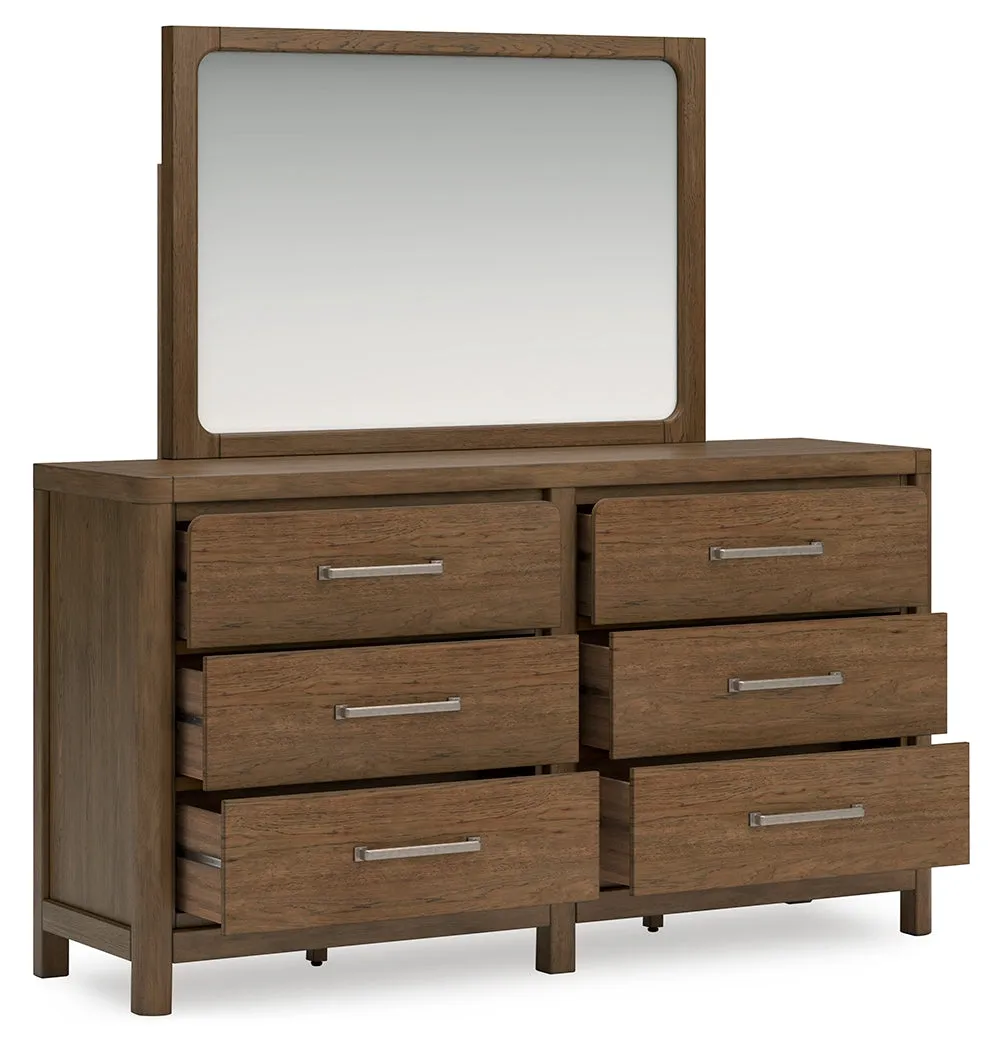 Cabalynn California King Upholstered Bed with Mirrored Dresser and Chest in Light Brown
