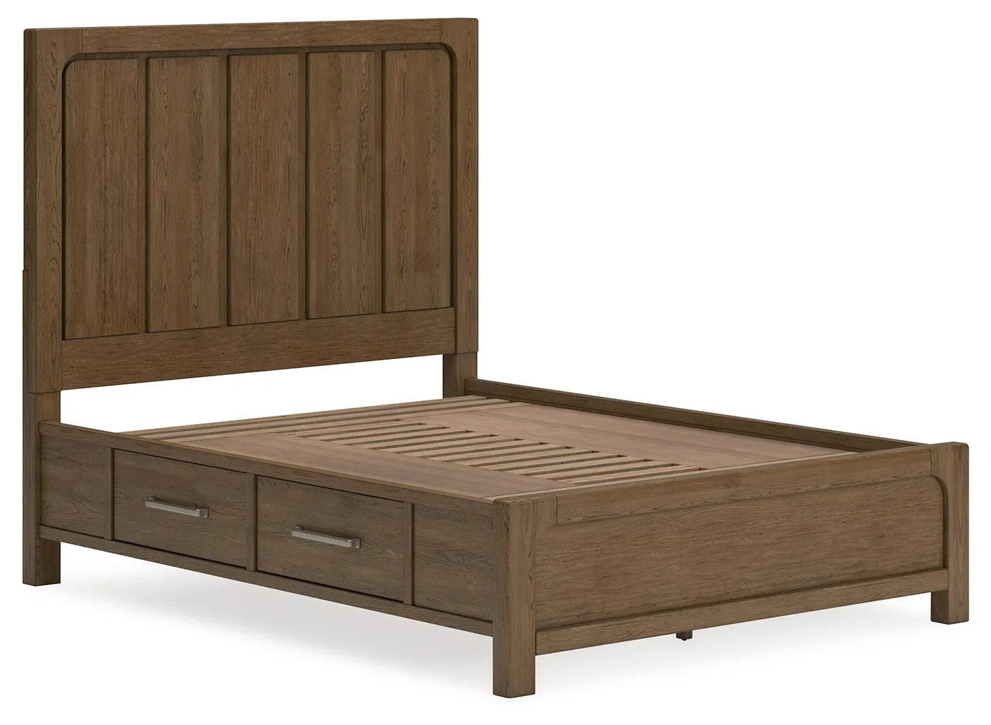 Cabalynn Queen Panel Bed with Storage with Mirrored Dresser and 2 Nightstands in Light Brown