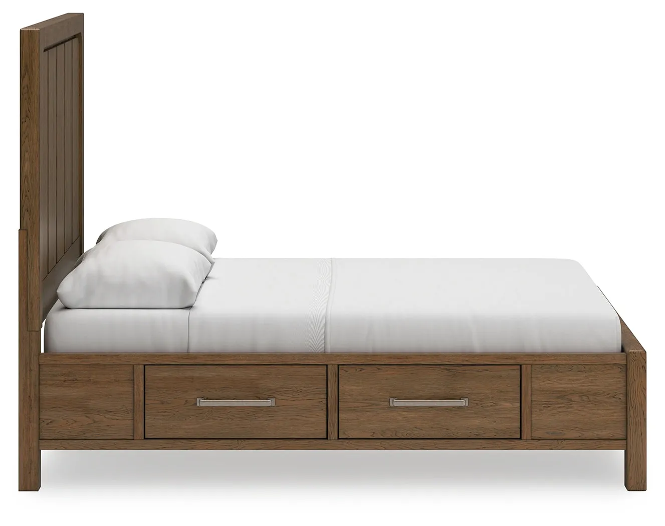 Cabalynn Queen Panel Bed with Storage with Mirrored Dresser and 2 Nightstands in Light Brown