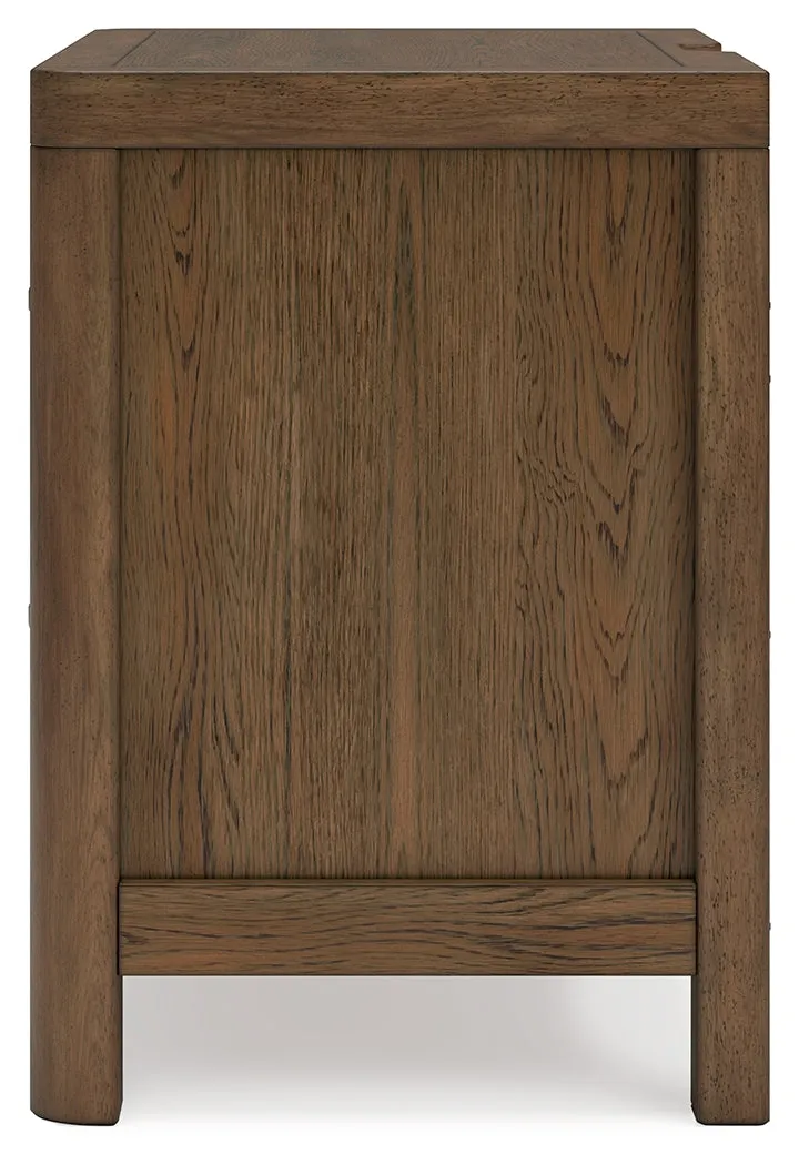 Cabalynn Queen Panel Bed with Storage with Mirrored Dresser and 2 Nightstands in Light Brown