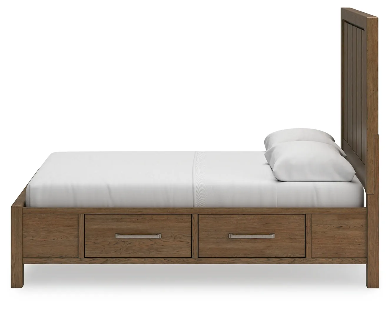 Cabalynn Queen Panel Bed with Storage with Mirrored Dresser and 2 Nightstands in Light Brown
