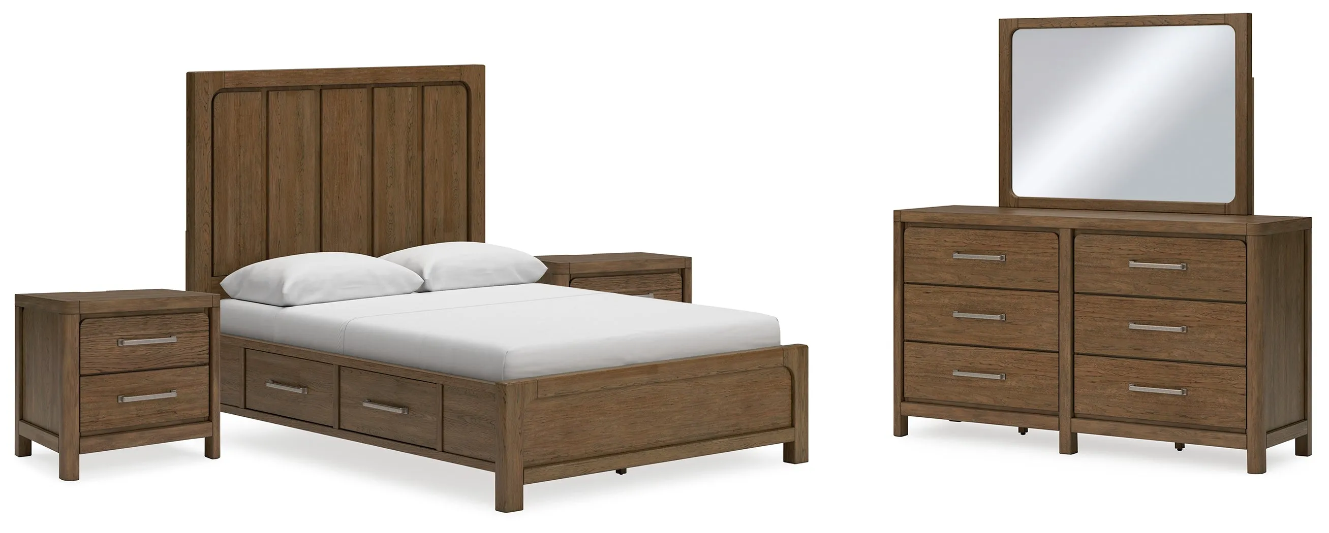 Cabalynn Queen Panel Bed with Storage with Mirrored Dresser and 2 Nightstands in Light Brown