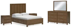 Cabalynn Queen Panel Bed with Storage with Mirrored Dresser and 2 Nightstands in Light Brown