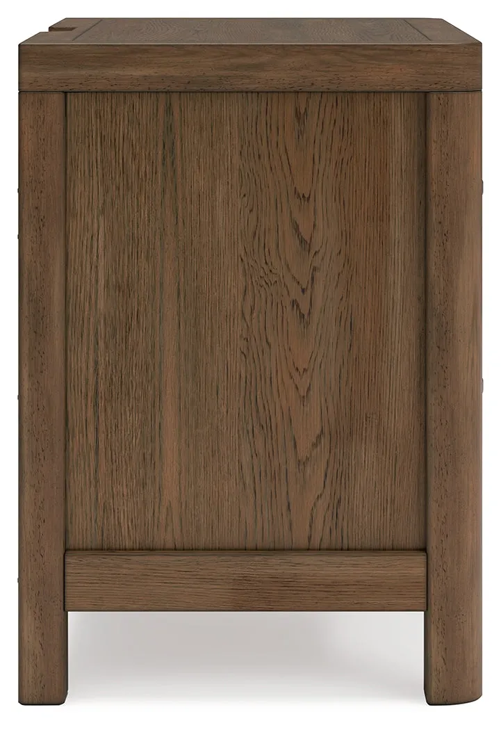 Cabalynn Queen Panel Bed with Storage with Mirrored Dresser and 2 Nightstands in Light Brown