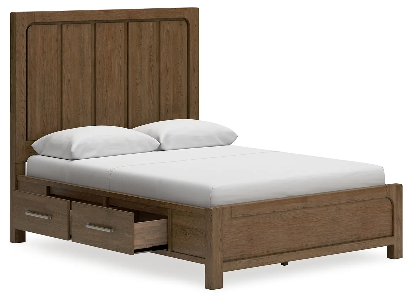 Cabalynn Queen Panel Bed with Storage with Mirrored Dresser and 2 Nightstands in Light Brown