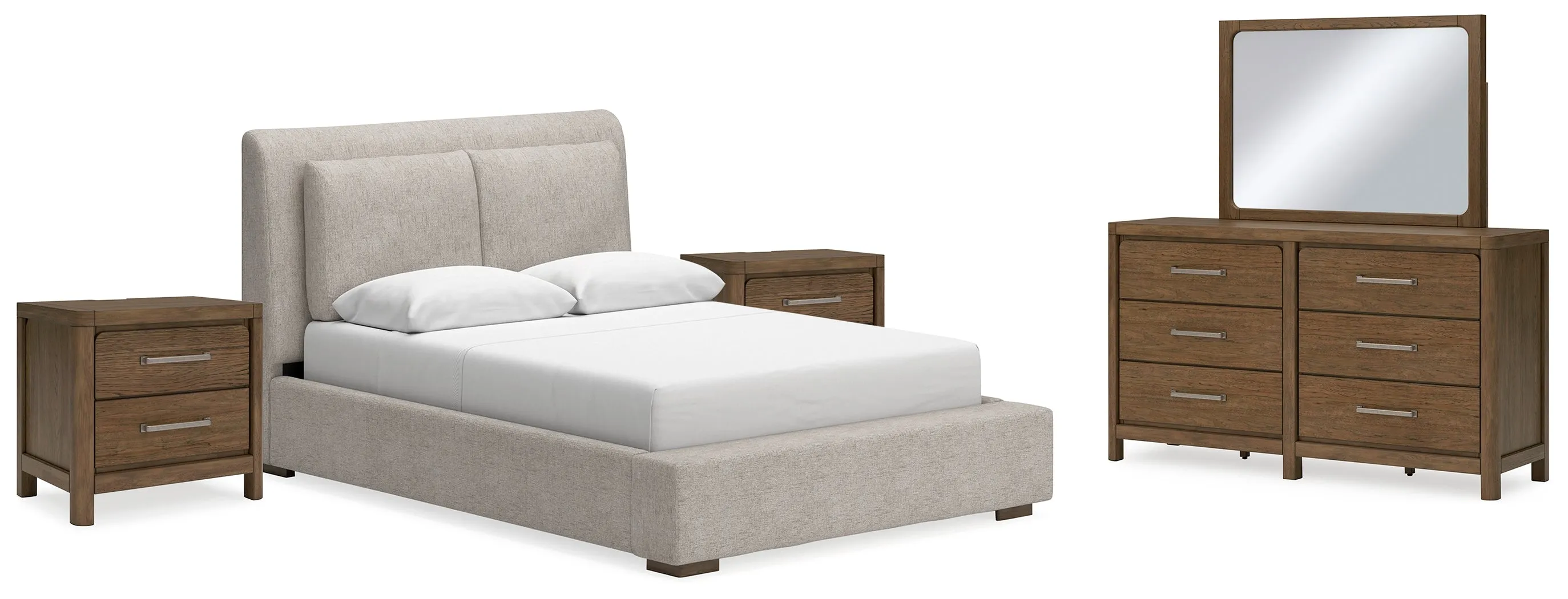 Cabalynn Queen Upholstered Bed with Mirrored Dresser and 2 Nightstands in Light Brown