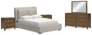 Cabalynn Queen Upholstered Bed with Mirrored Dresser and 2 Nightstands in Light Brown