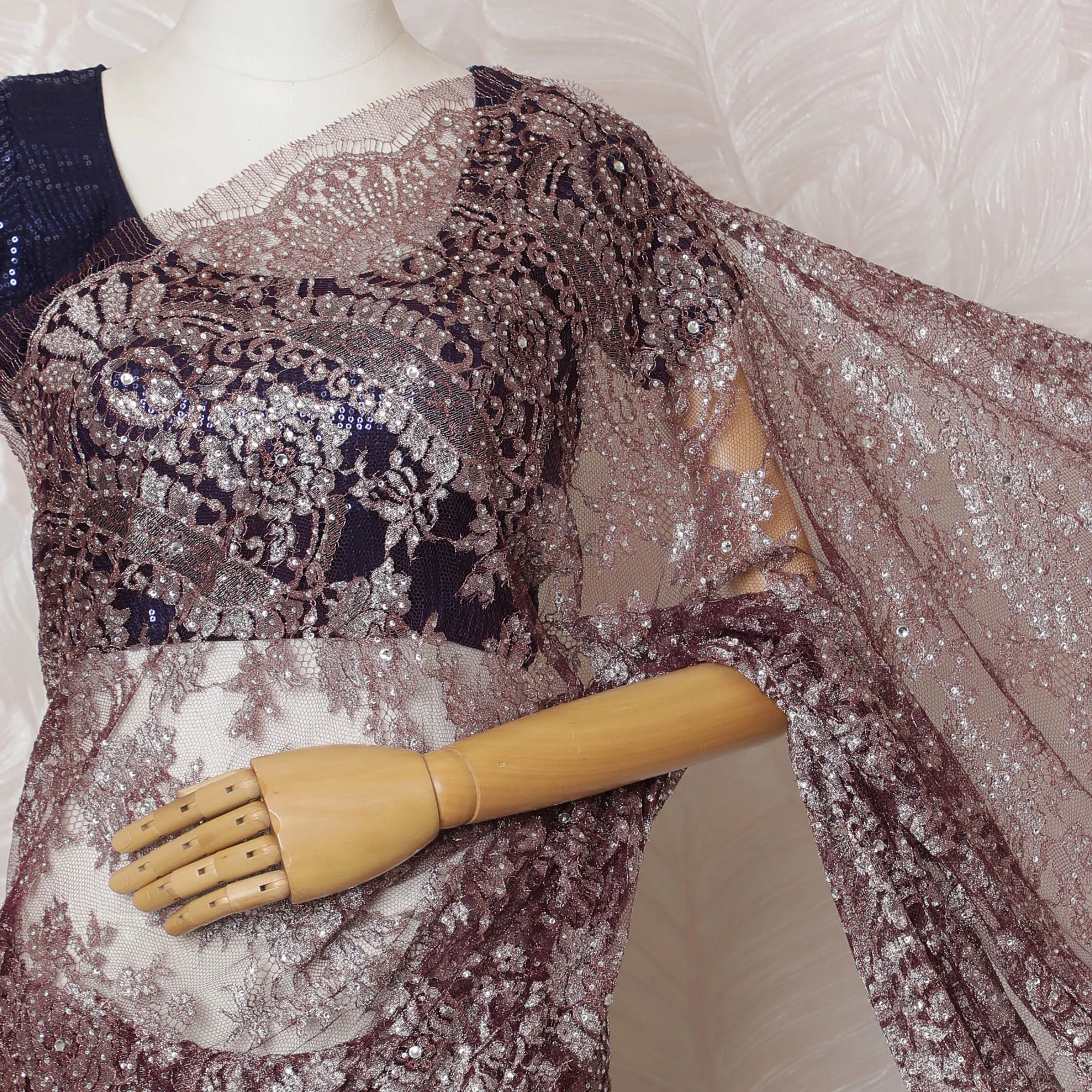 Elegant French Brown Chantilly Lace Saree with Stone Work,110 cm Width, 5.5 Meters Piece-D19502