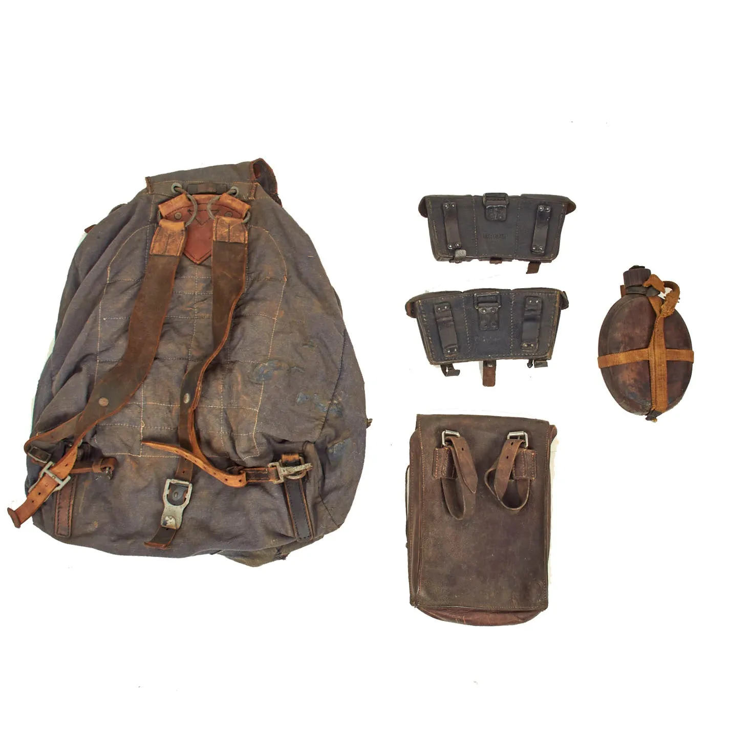 Original German WWII Luftwaffe M41 Blue Tornister Lot With Mauser Ammo Pouches, Map Case and More - 5 Items