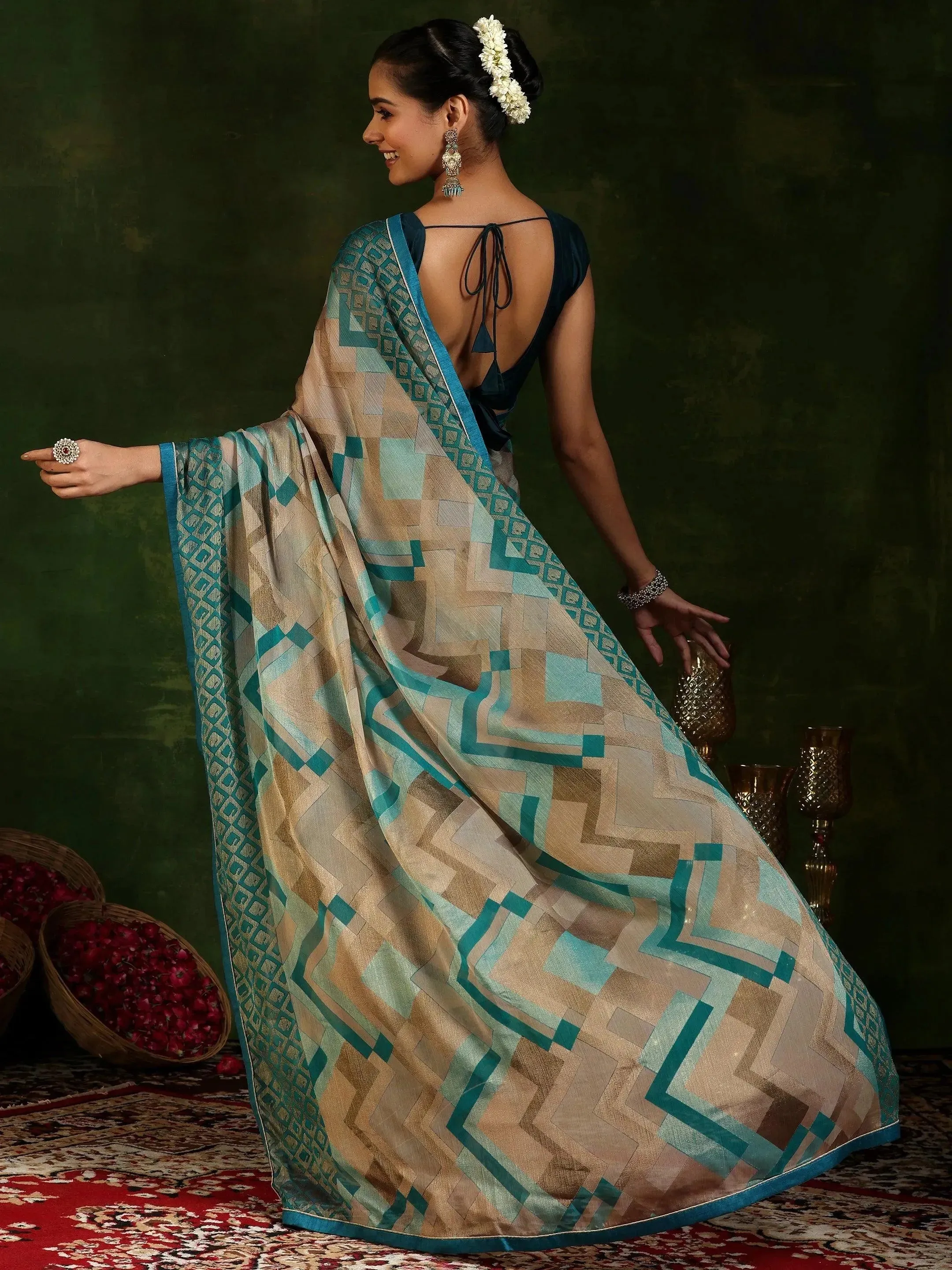 Rama Printed Poly Chiffon Saree With Unstitched Blouse Piece