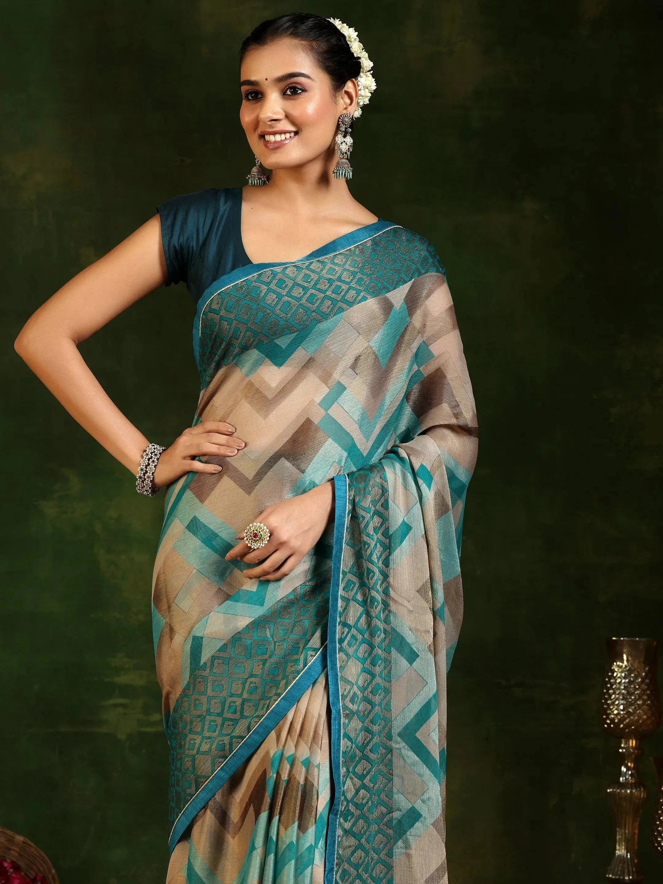 Rama Printed Poly Chiffon Saree With Unstitched Blouse Piece