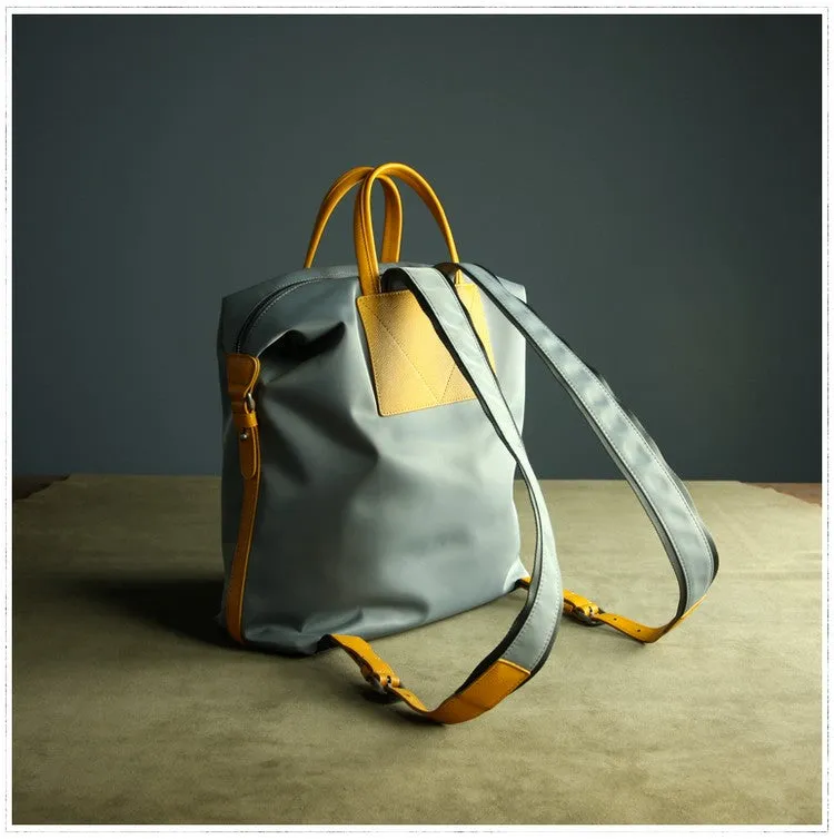 Womens Light Gray&Yellow Nylon Backpack Bag Best Satchel Backpack Nylon Leather School Rucksack for Ladies